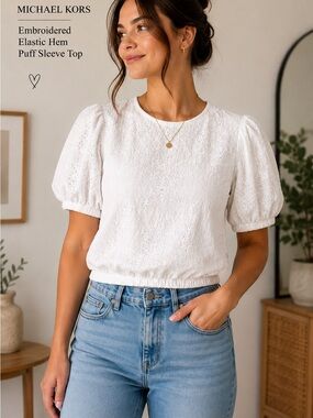 Michael Michael Kors White Eyelet Puff Sleeve Cropped Blouse Large